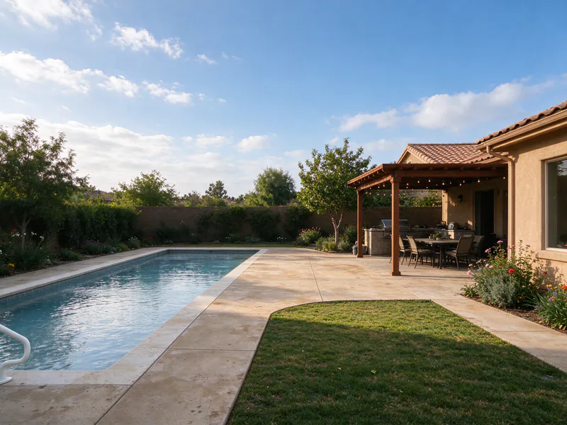 Back yard pool with no fence between the deck and the lawn.