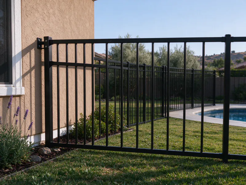 Black aluminum pool fence fastened to a stucco wall with a small wall bracket.