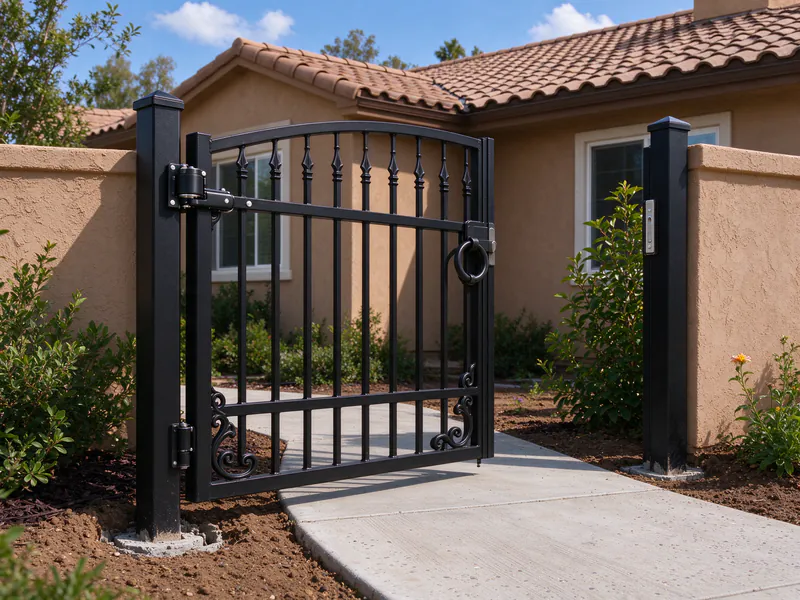 Black ornamental steel walk gate with spear-top pickets at a front walk.