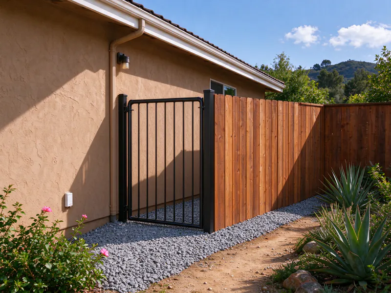 Black steel gate and fence section next to the house wall, with gravel replacing the mulch.