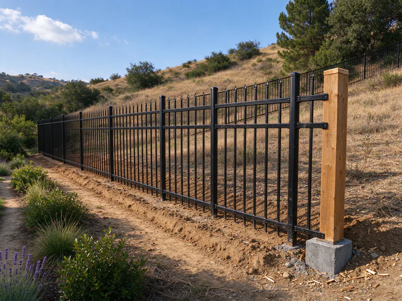 Black steel picket fence along the back of a hillside lot facing a dry brush slope.