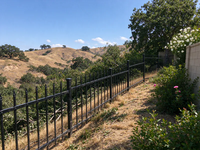 Black steel picket fence racked along the top of a steep slope overlooking hills.