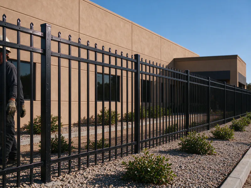 Black tubular steel fence along the landscaped frontage of a stucco commercial building.