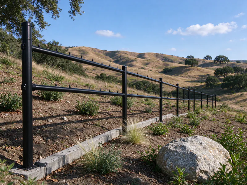 Black tubular steel fence racked along a gentle slope on a view lot.
