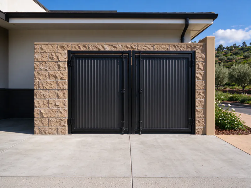 Block trash enclosure with a pair of steel gates faced in corrugated metal behind a commercial building.
