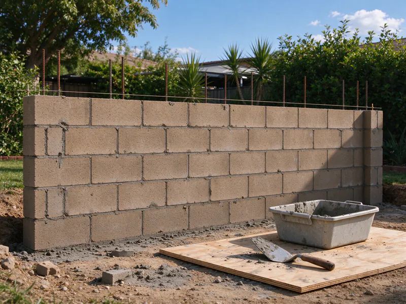 Block wall four courses high with vertical rebar in the cells and a mason's line along the top course.