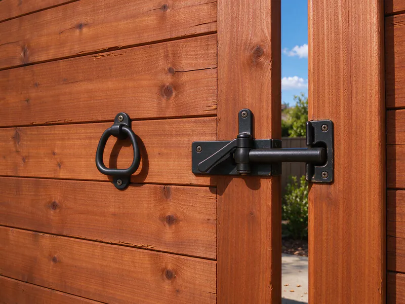 Close view of a black gravity latch and pull handle on a cedar gate.