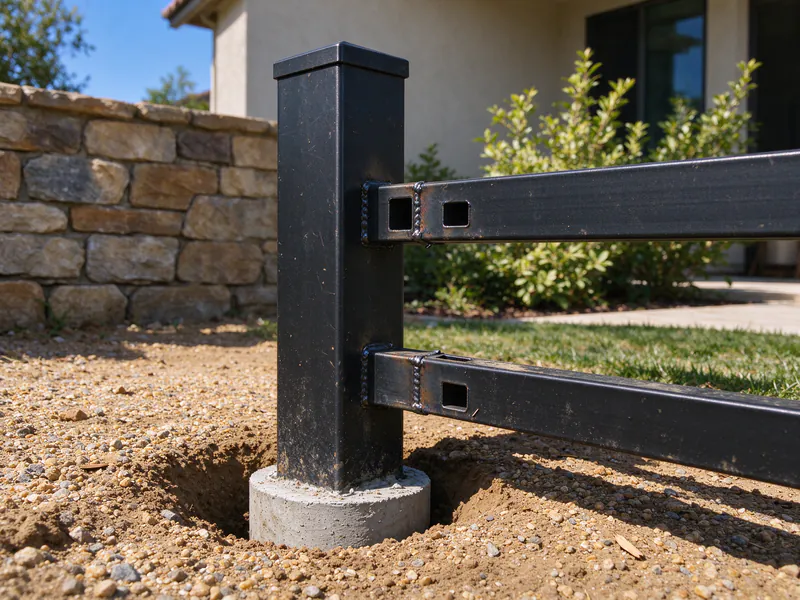 Close view of a black steel post set in concrete in decomposed granite, with panel rails welded to it.