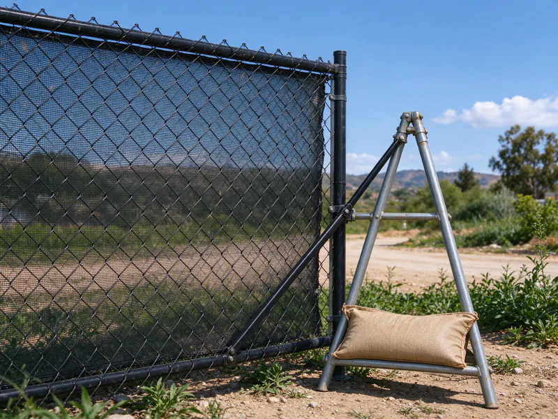 Close view of a brace leg weighted with a sandbag holding a temporary fence panel upright.