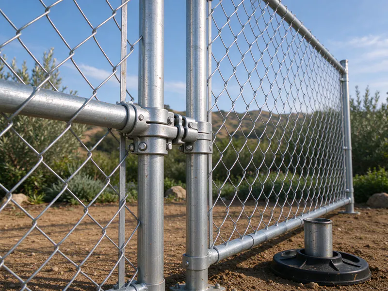 Close view of a coupler clamp joining two temporary fence panel frames.