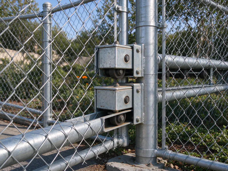 Close view of enclosed roller trucks on a heavy gate post carrying a cantilever slide gate.