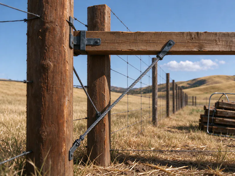 Close view of an H-brace with a horizontal rail and diagonal tensioned wire at a ranch fence corner.