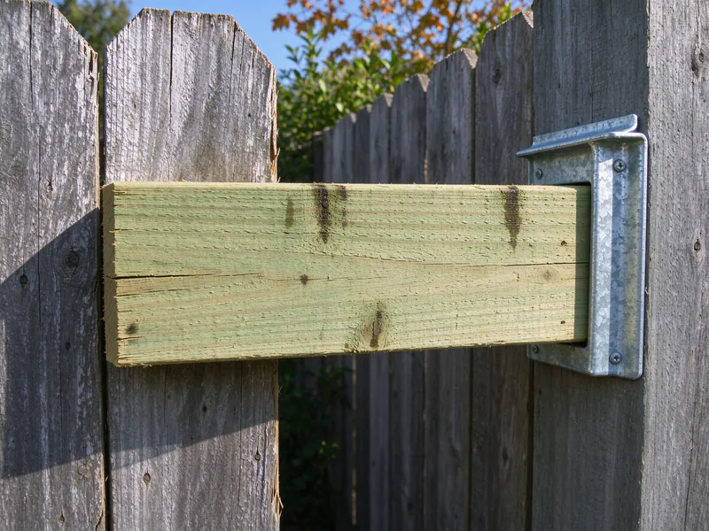 Close view of a new rail fastened to a weathered post with a galvanized rail bracket.