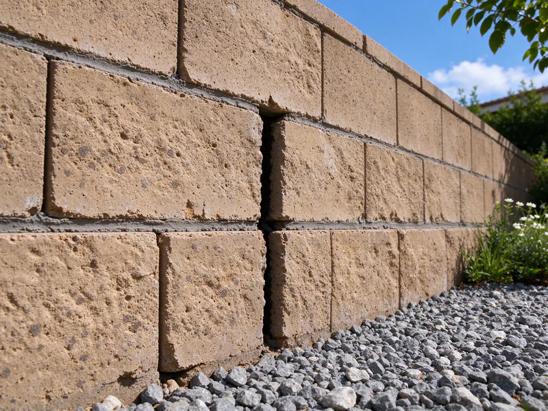 Close view of an open weep joint in the bottom course of a block retaining wall above a gravel strip.