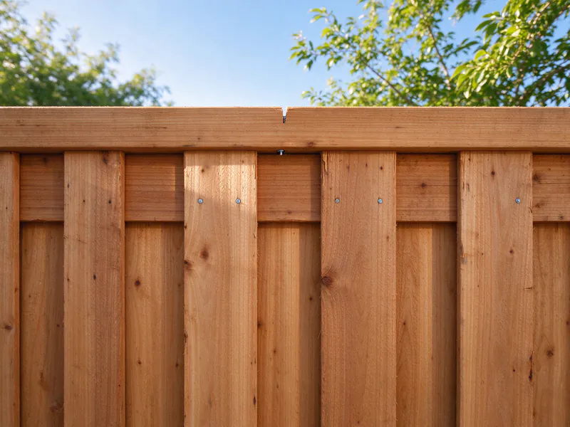Close view of overlapping cedar boards and a cap board on a board-on-board fence.