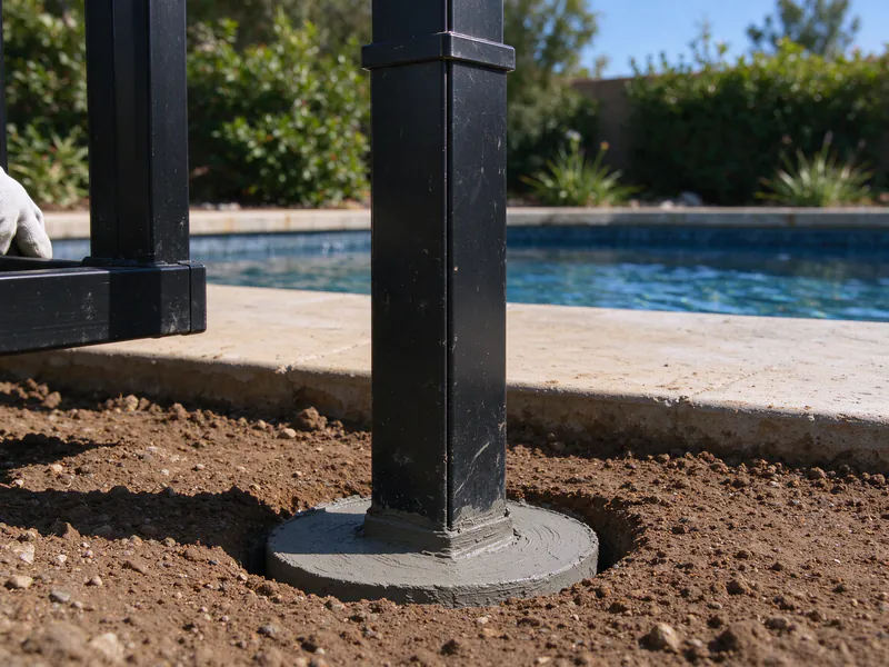 Close view of a pool fence post grouted into a core-drilled hole in a concrete deck.