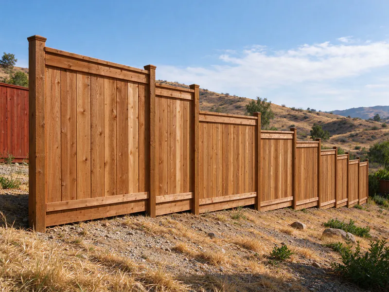 Close view of a post where a stepped fence drops, with a kickboard under the lower panel.