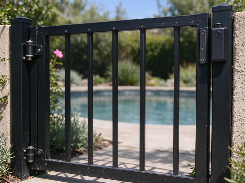 Close view of a self-closing hinge and a top-mounted magnetic latch on a black aluminum pool gate.
