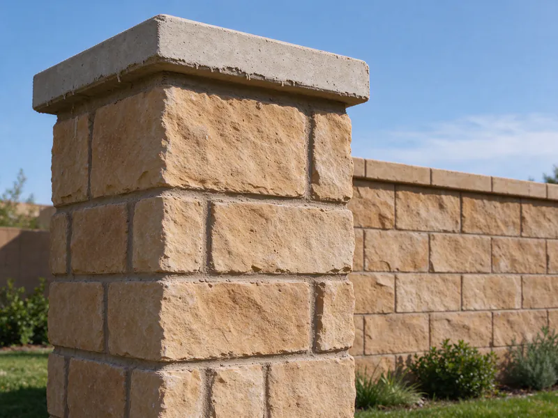 Close view of a slumpstone block pilaster with a flat cap meeting the capped wall.