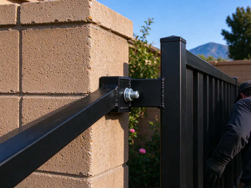 Close view of a steel fence rail bolted to a block pilaster with a powder-coated bracket.