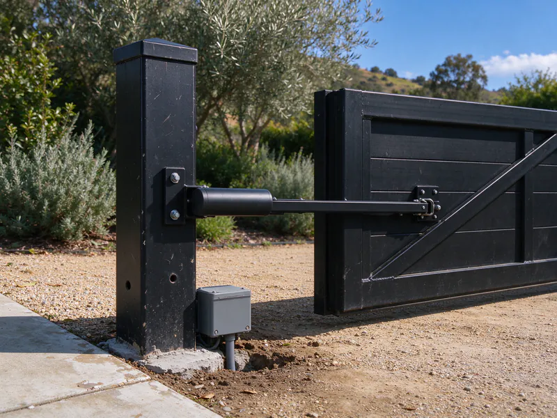 Close view of a swing gate operator arm bolted to a steel gate post and pinned to the gate frame, with conduit entering a box at the post base.