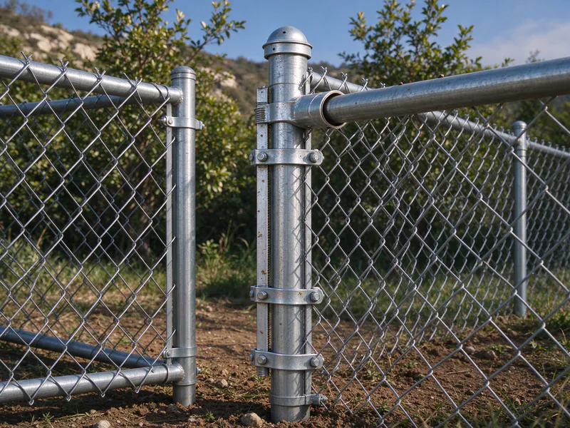 Close view of tension bands, a tension bar and a rail end fastened to a chain link terminal post.