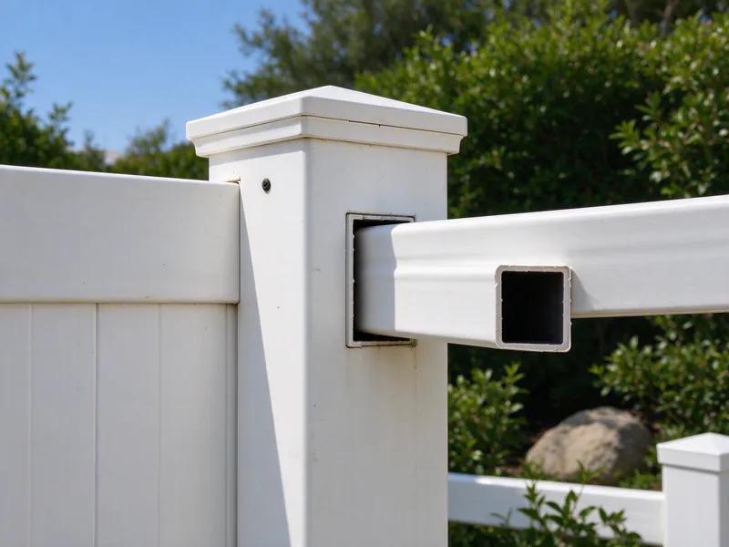 Close view of a vinyl post cap and a top rail seated in a routed post slot.