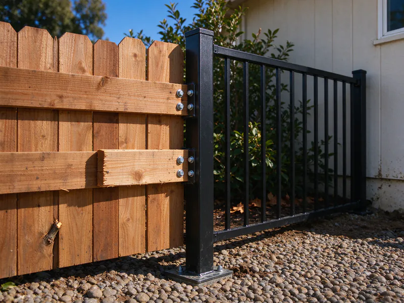 Close view of wood fence rails bolted to a steel post where a steel picket section begins.
