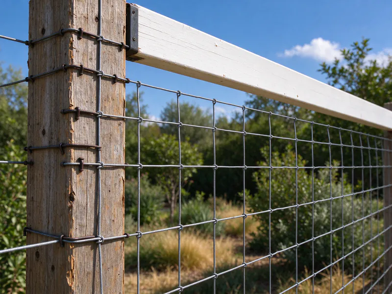 Close view of woven wire horse mesh stapled to the inside face of a wood post below a rail.