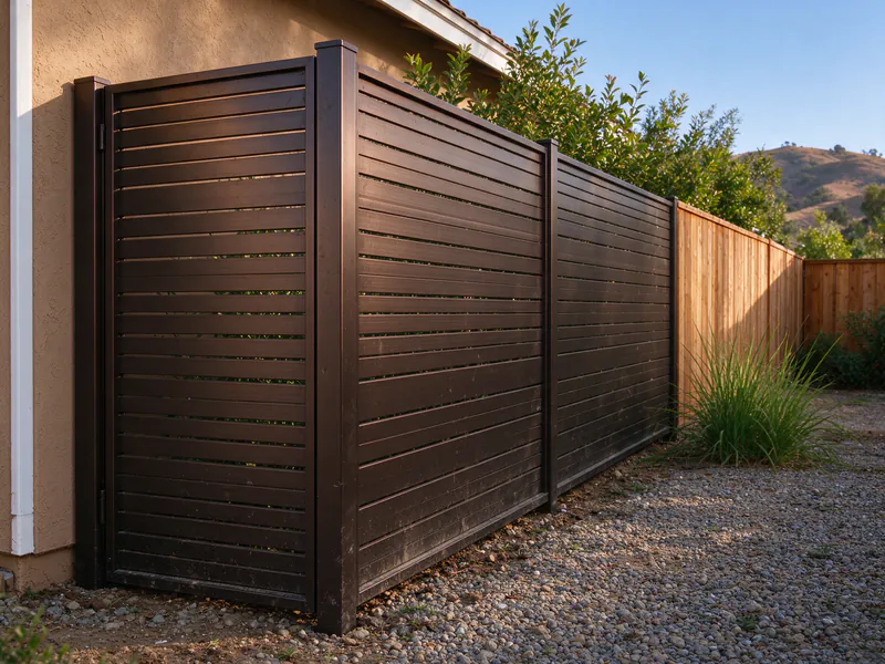Dark bronze steel slat fence section running out from a stucco house wall, with gravel at its base.
