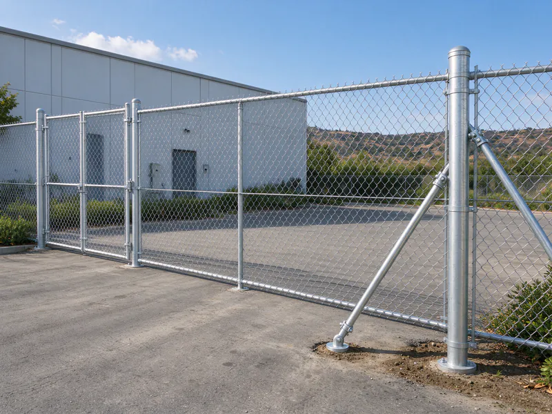 Eight-foot galvanized chain link fence with a braced corner around a paved equipment yard.