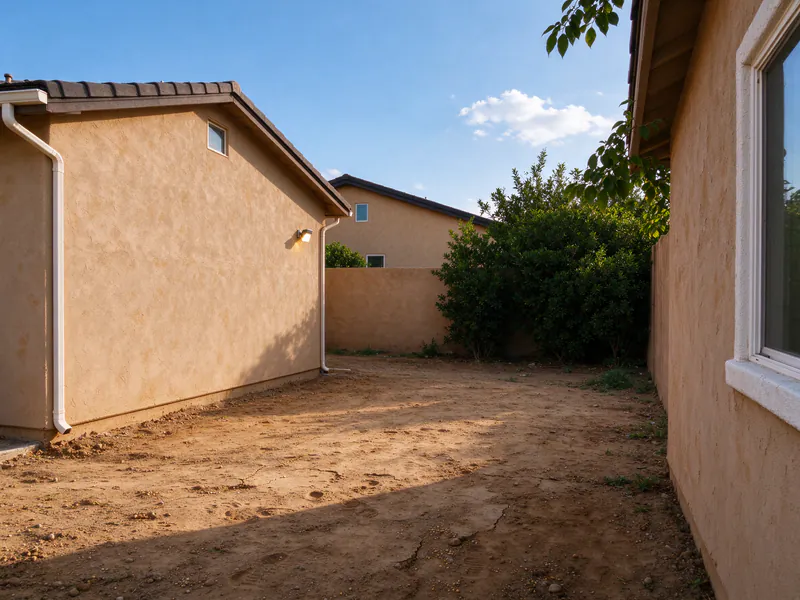 Empty dirt side yard beside a stucco house with no fence.