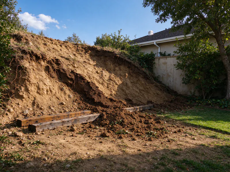 Eroded dirt slope with sloughed soil and old leaning railroad ties at the back of a yard.