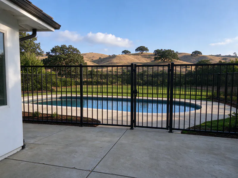 Finished black aluminum pool fence enclosing a backyard pool, seen from the patio.