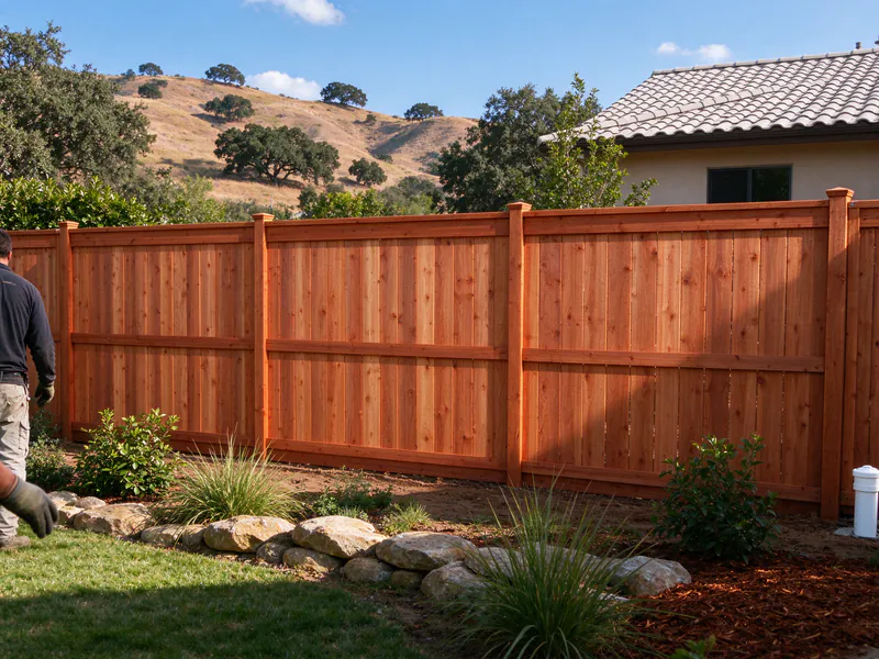Finished new cedar privacy fence along the back of a yard, with the neighbor's roof beyond.
