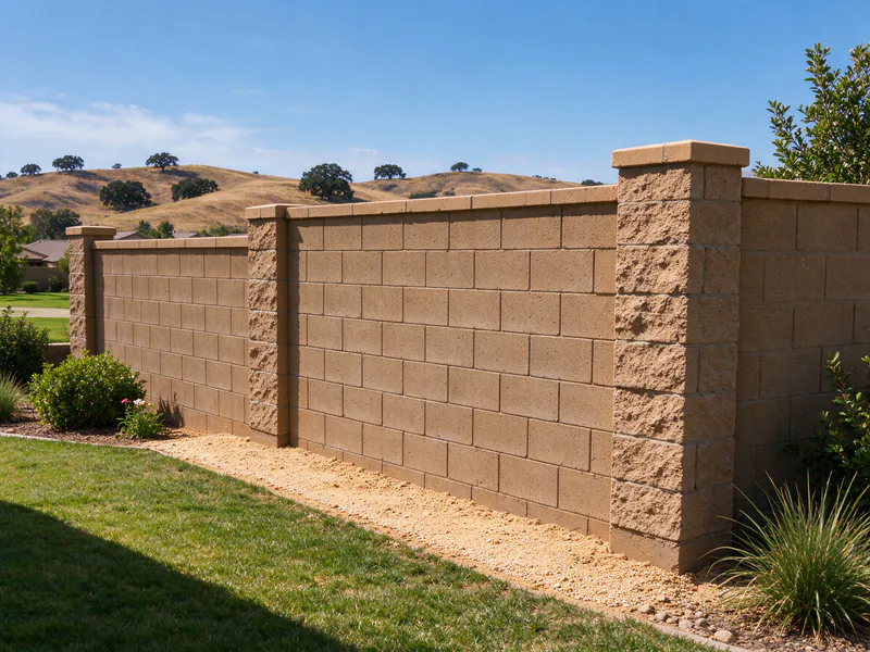 Finished split-face block wall stepping down a gentle slope in level sections at capped pilasters.