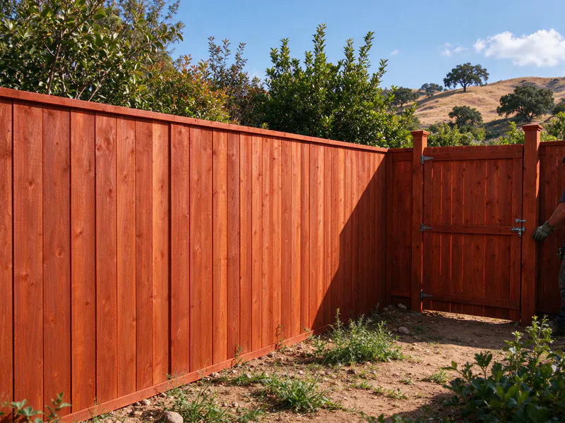 Finished stained redwood privacy fence with a matching walk gate.