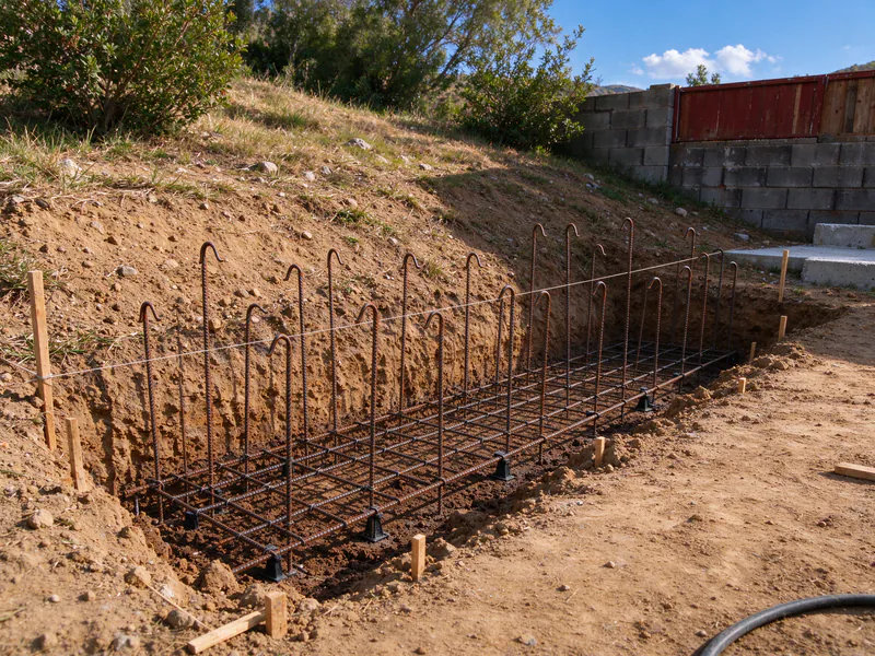 Footing trench at the base of a slope with a rebar grid and vertical dowels.