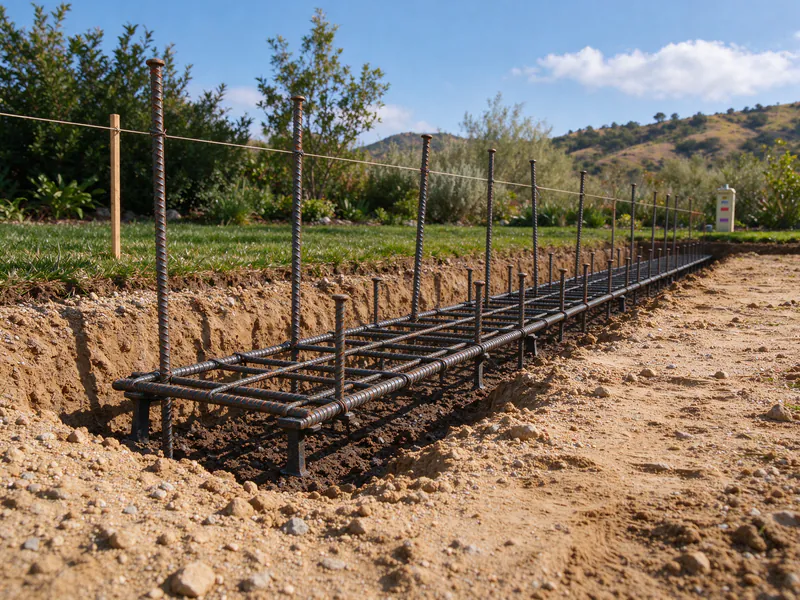 Footing trench in decomposed granite with horizontal rebar and vertical dowels, under a string line.
