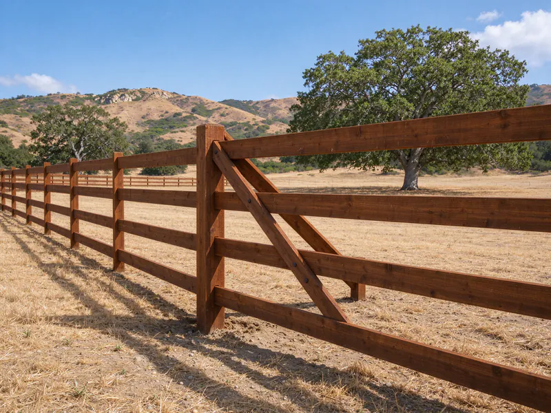Four-rail wood horse fence with a braced corner along a dry pasture.