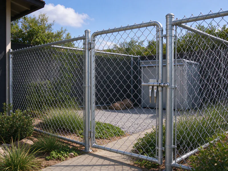 Galvanized chain link walk gate with a fork latch leading into a gravel dog run.