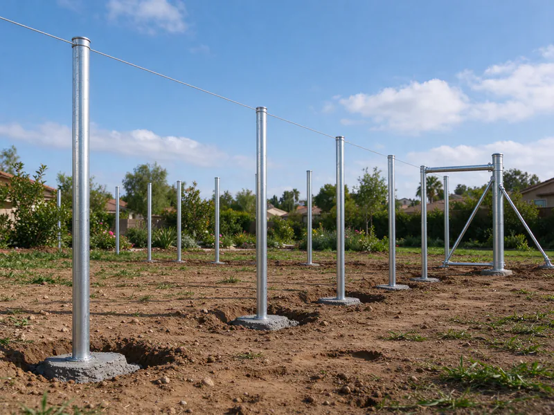 Galvanized line posts set in fresh concrete along a string line, with a braced terminal post at the end.