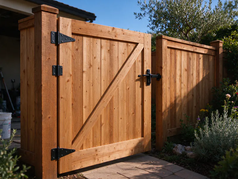 Inside of a wood gate with three strap hinges on a 4x6 post and a diagonal brace up to the latch corner.