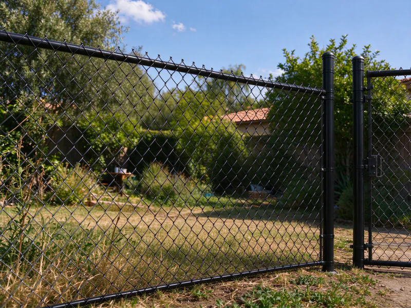 New black vinyl-coated chain link fence with a straight top rail and taut fabric on the same line.