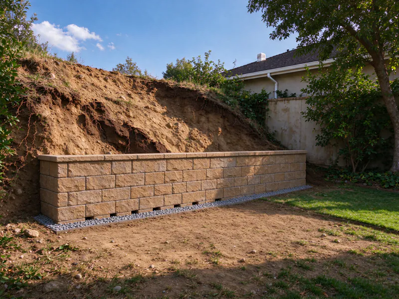 New block retaining wall with weep joints and a gravel strip at the base of the same slope.
