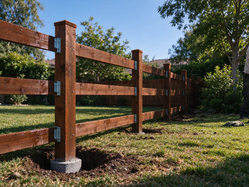 New fence frame of posts and three rails along a back property line, before the boards go on.