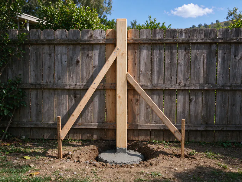 New post set in fresh concrete and held plumb by two temporary braces between existing weathered panels.