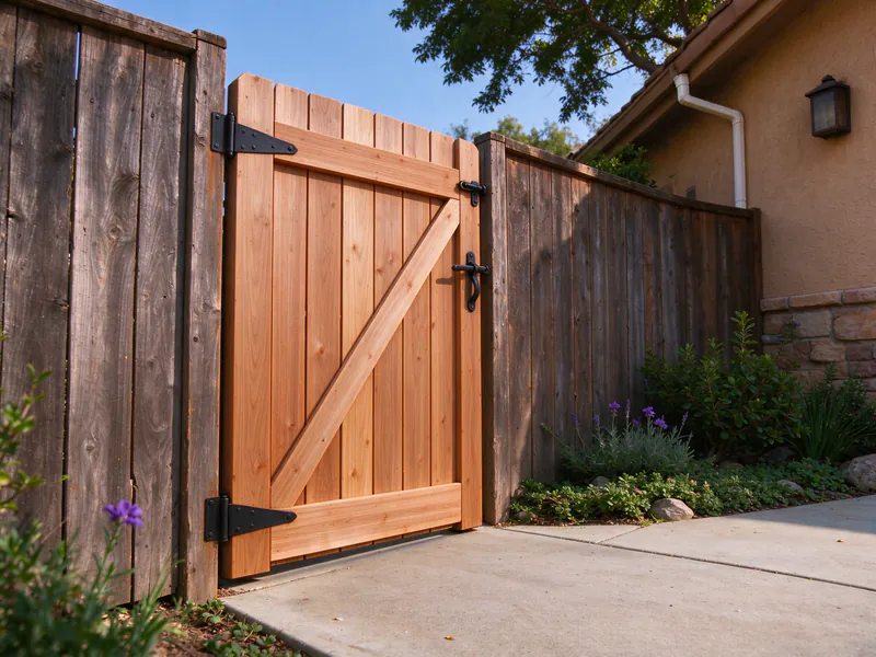 New square cedar gate with strap hinges and a diagonal brace on the same opening.