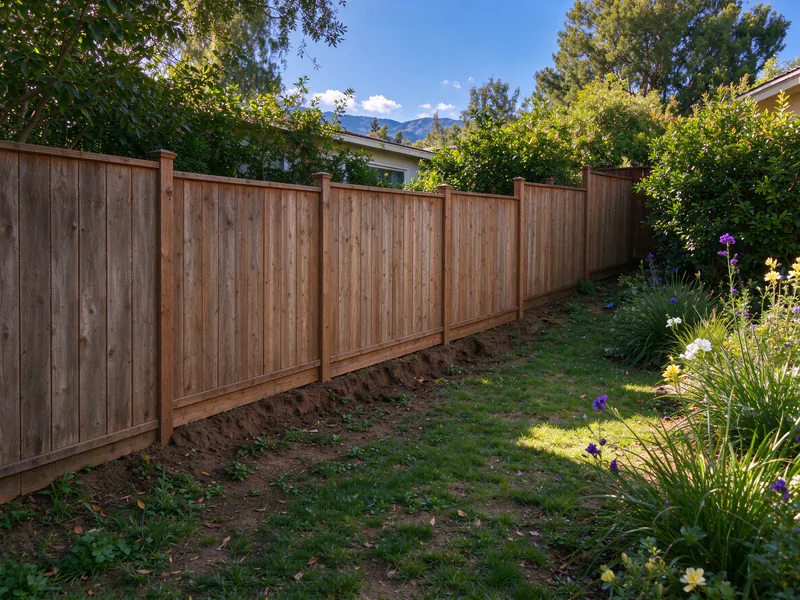 New stepped wood fence on the same slope with level panels and kickboards.