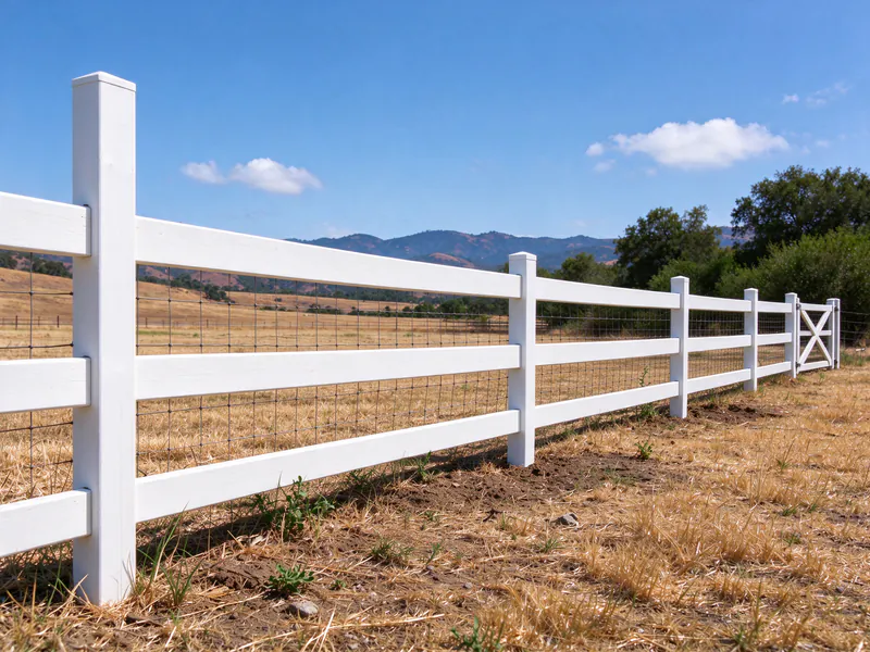 New white three-rail fence with woven wire mesh on the same pasture line.